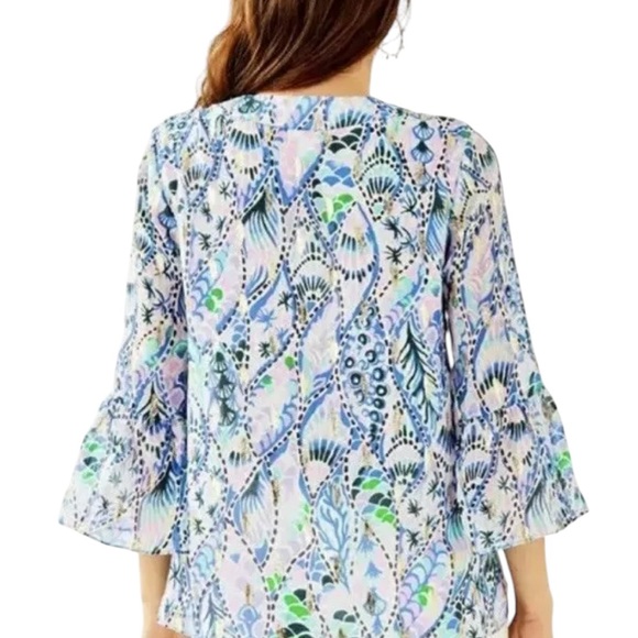 Lilly Pulitzer Elenora Silk Printed Blouse Tails Off The Sea Metallics Size XXS - Picture 2 of 14